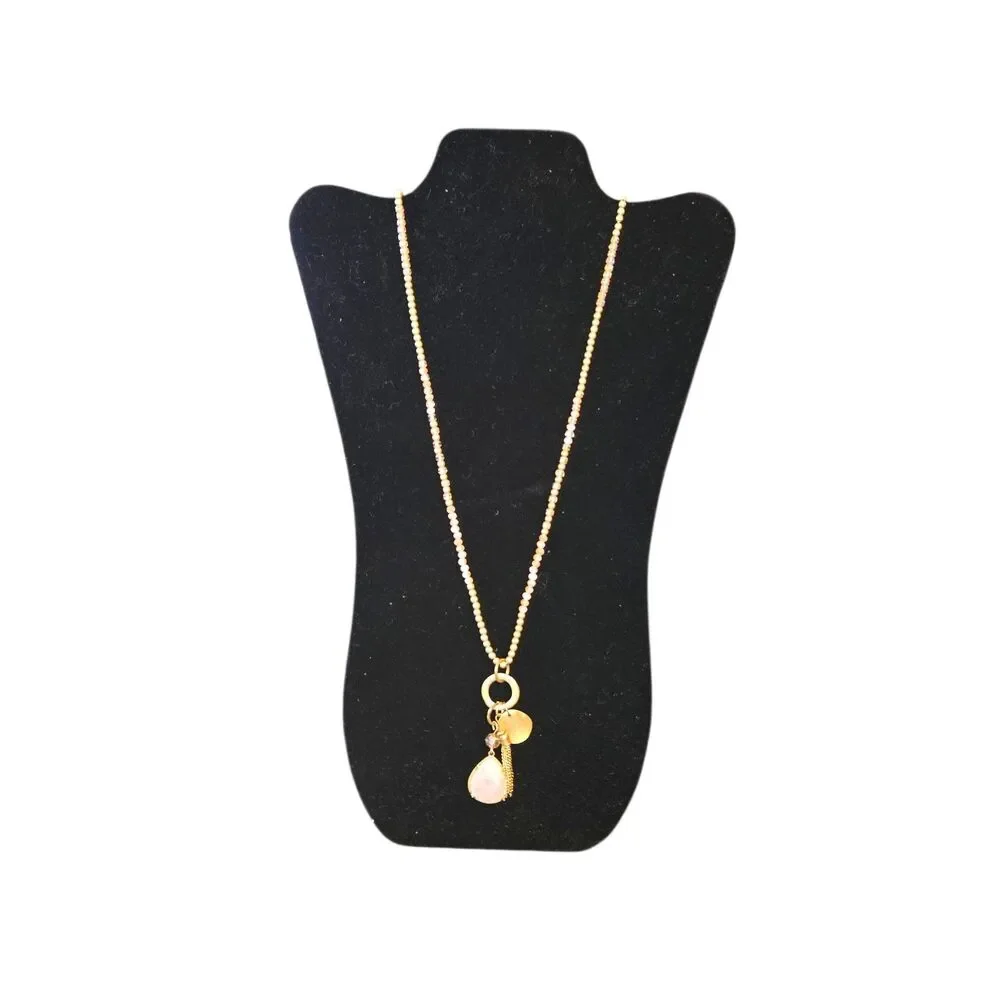 Rose Quartz & Gold Tone‎ Charms Pendant On A Multi Beaded Necklace Unmarked 34